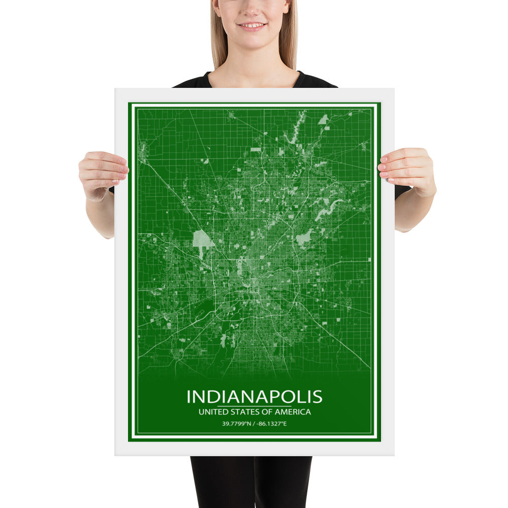 Indianapolis Green and White Framed Map