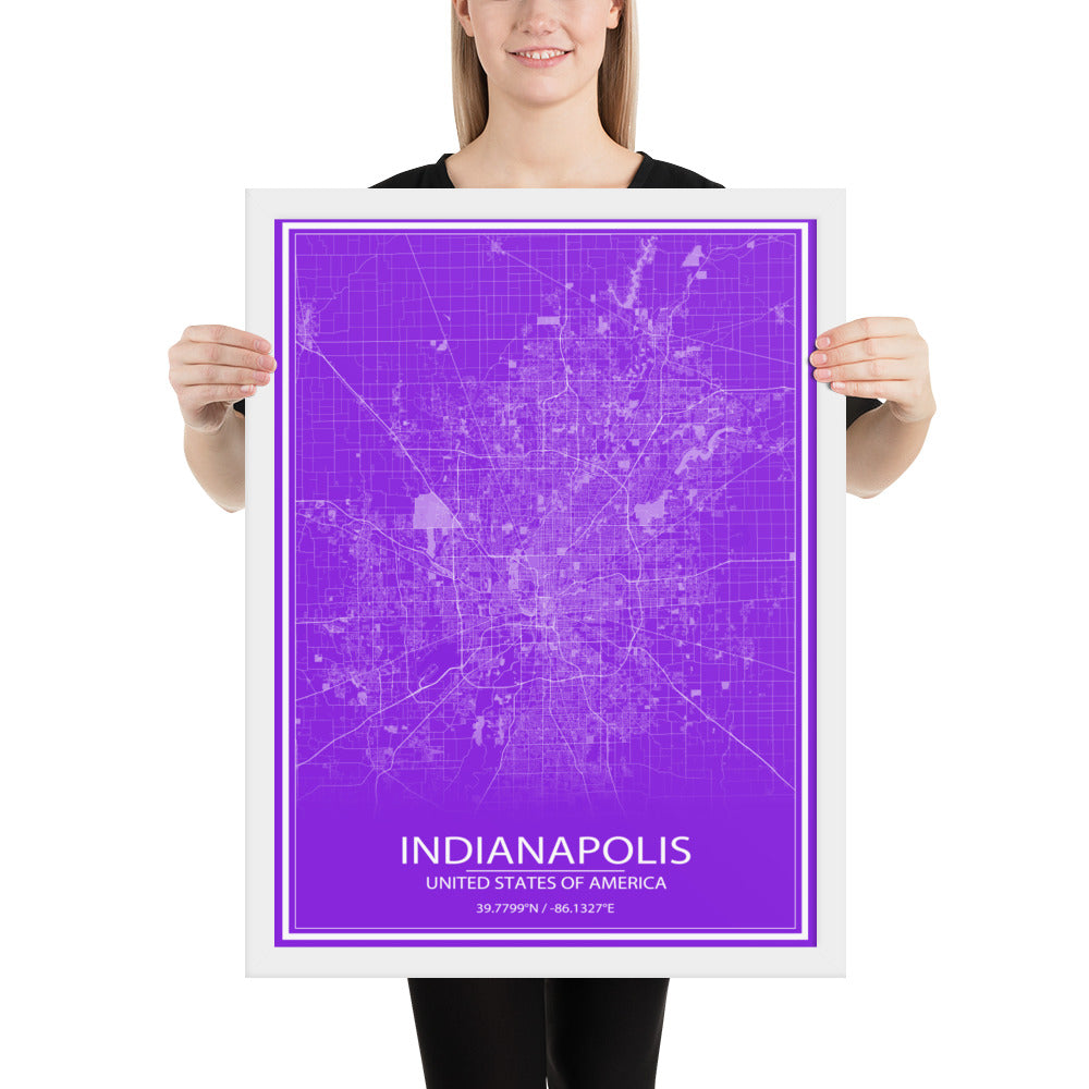 Indianapolis Purple and White Framed Map