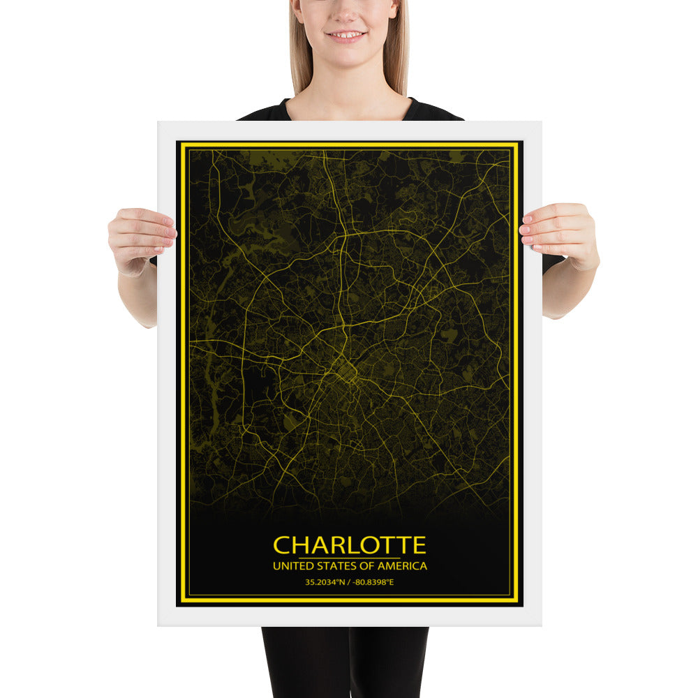 Charlotte Black and Yellow Framed Map