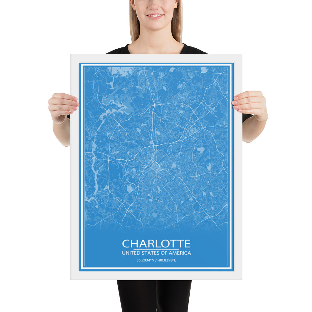 Charlotte Blue and White Framed Map