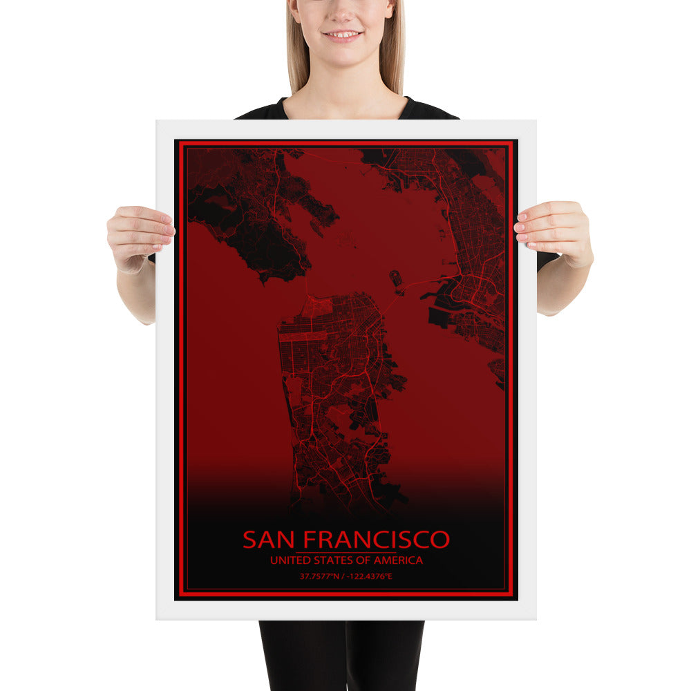 San Francisco Black and Red Framed Map