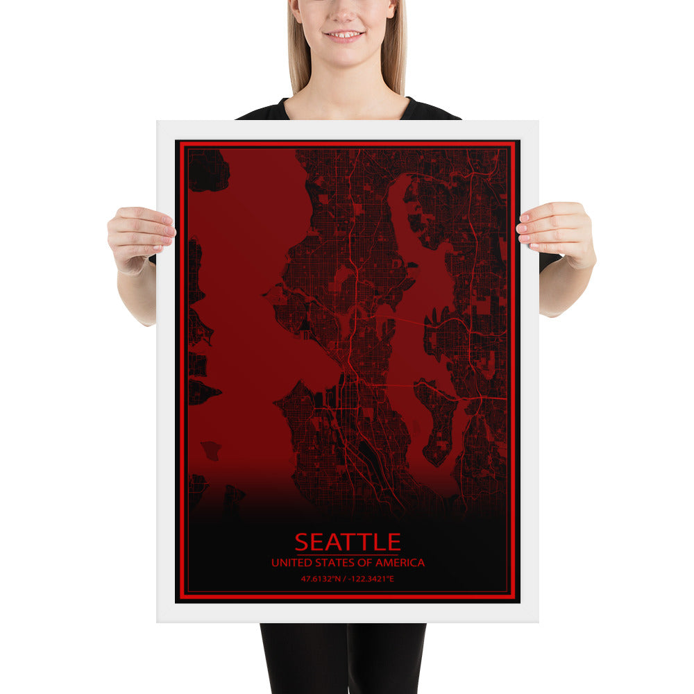 Seattle Black and Red Framed Map