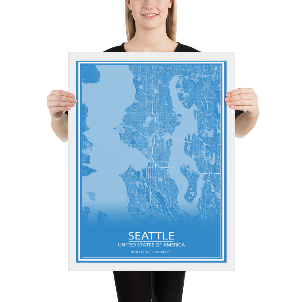 Seattle Blue and White Framed Map