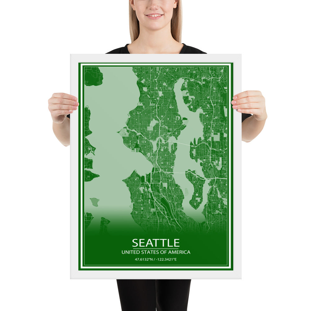 Seattle Green and White Framed Map