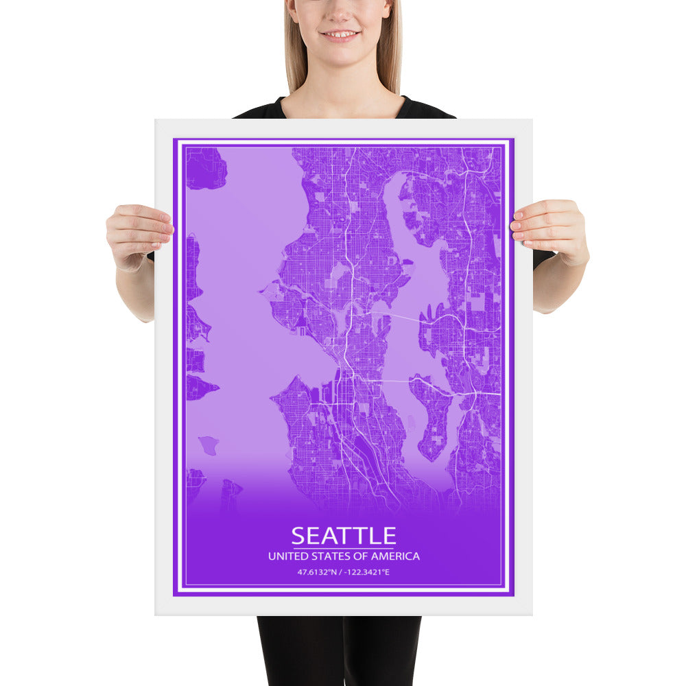 Seattle Purple and White Framed Map