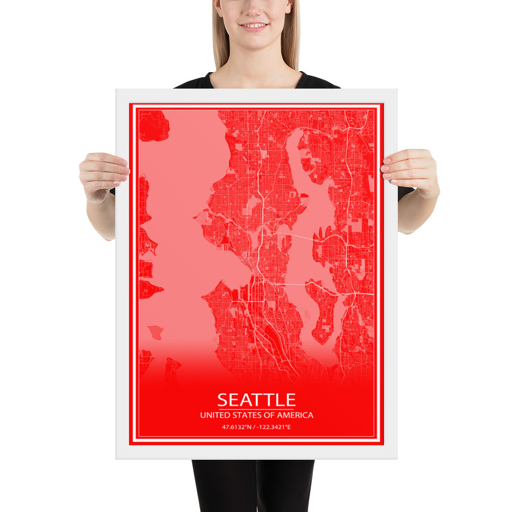 Seattle Red and White Framed Map