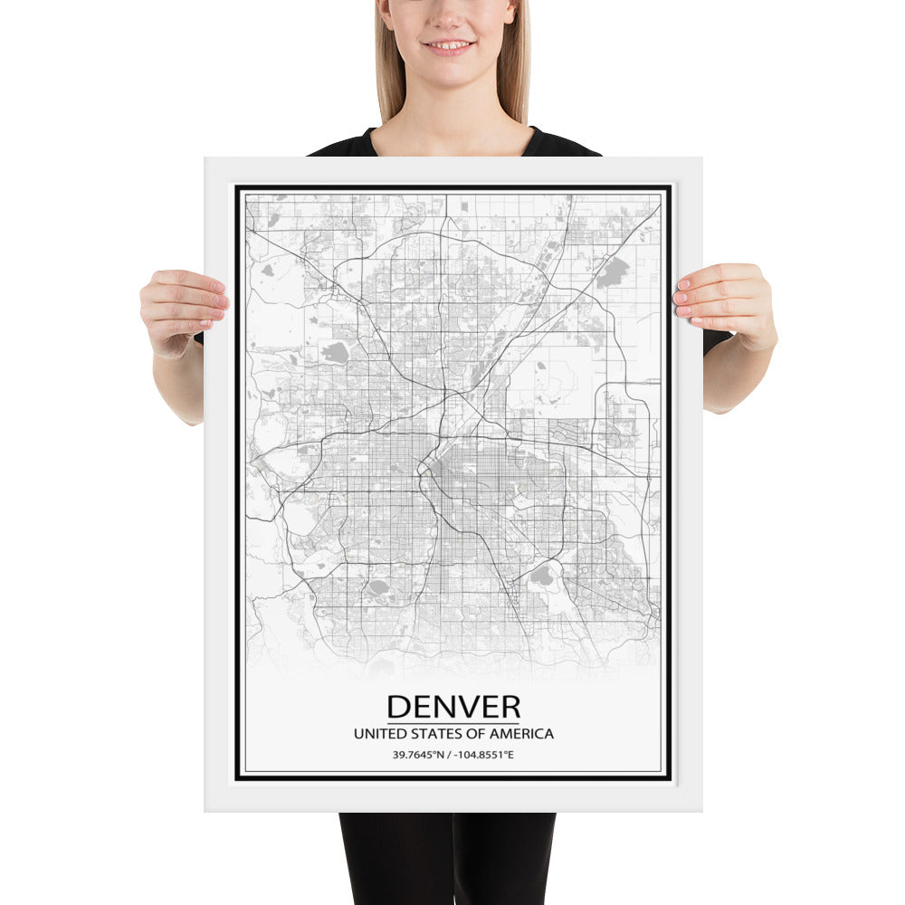 Denver White Framed Map