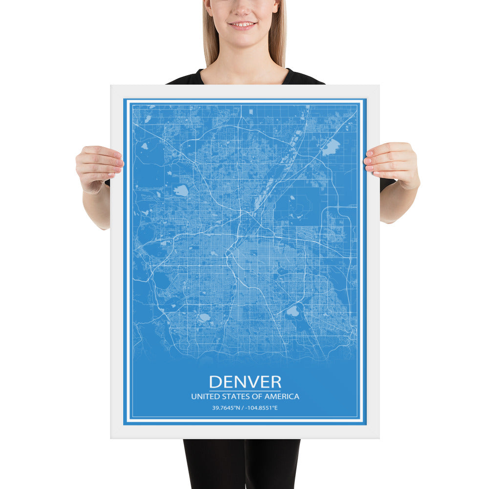 Denver Blue and White Framed Map