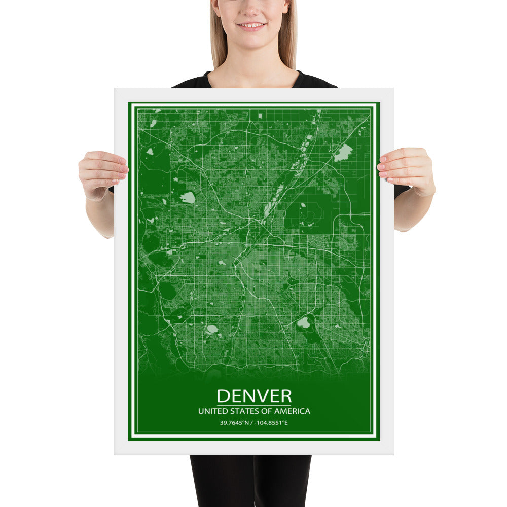 Denver Green and White Framed Map