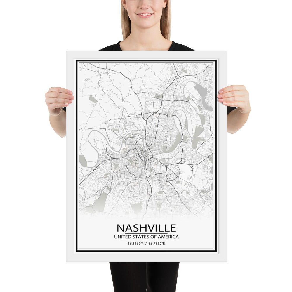 Nashville White Framed Map