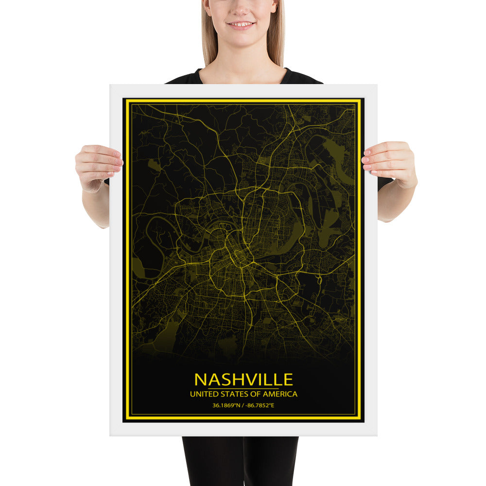 Nashville Black and Yellow Framed Map