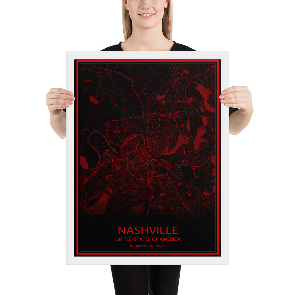 Nashville Black and Red Framed Map