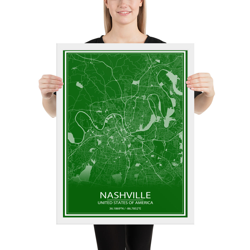 Nashville Green and White Framed Map