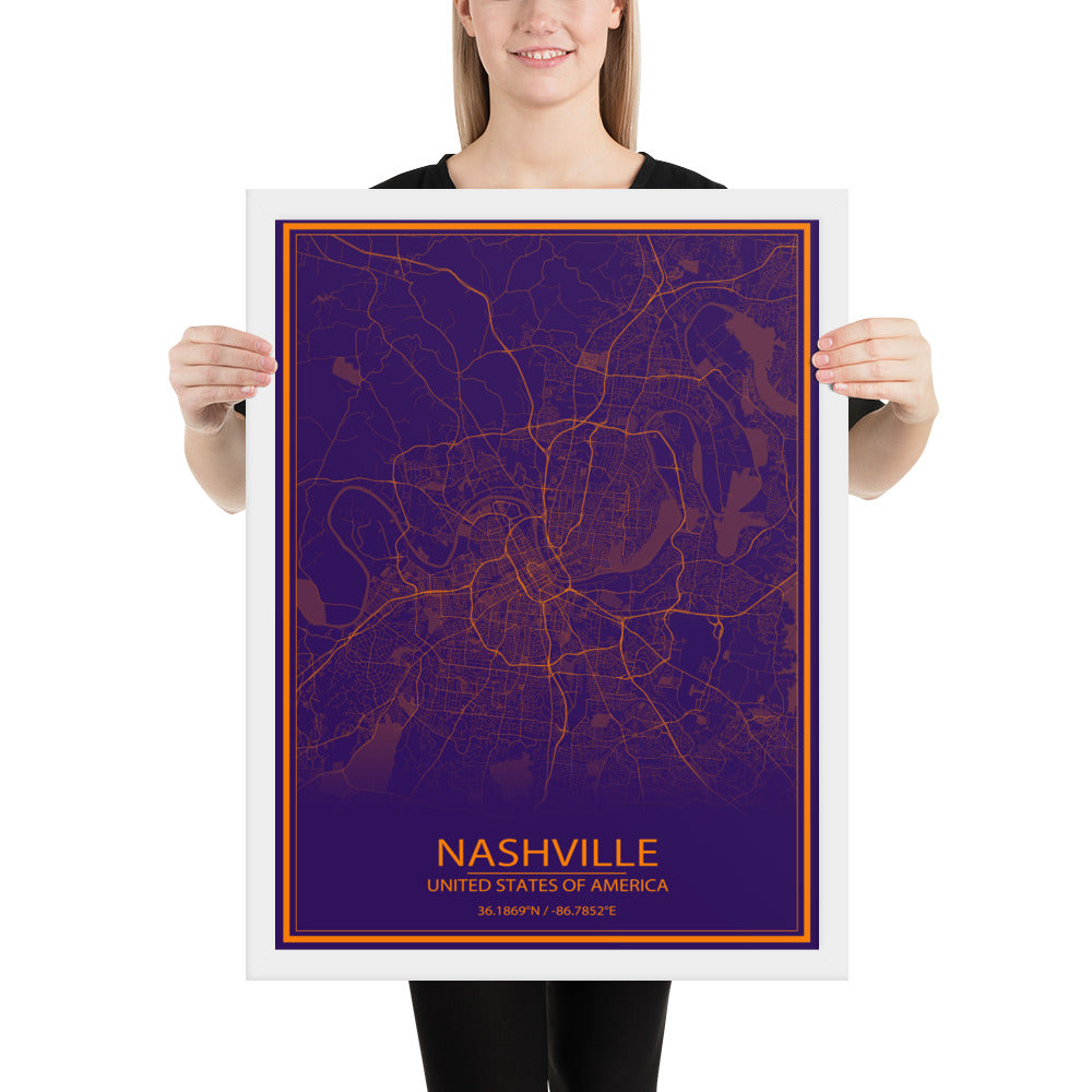 Nashville Purple and Orange Framed Map