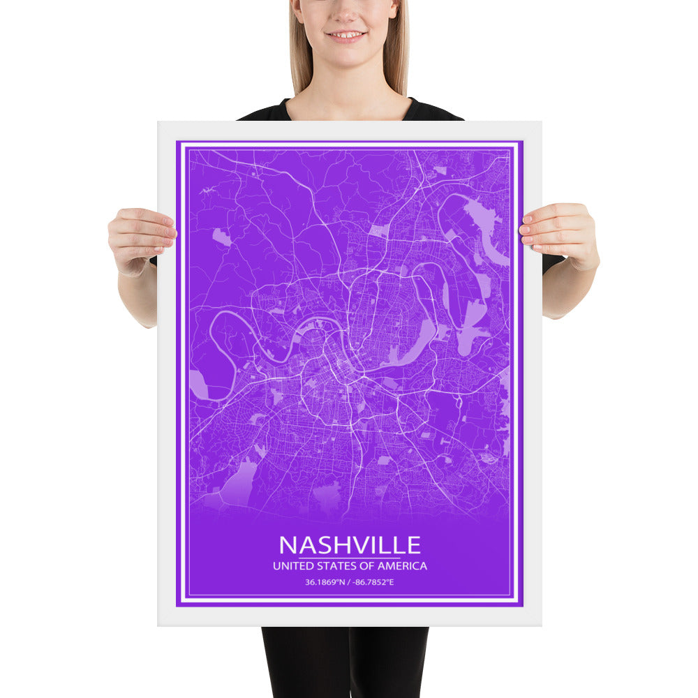 Nashville Purple and White Framed Map