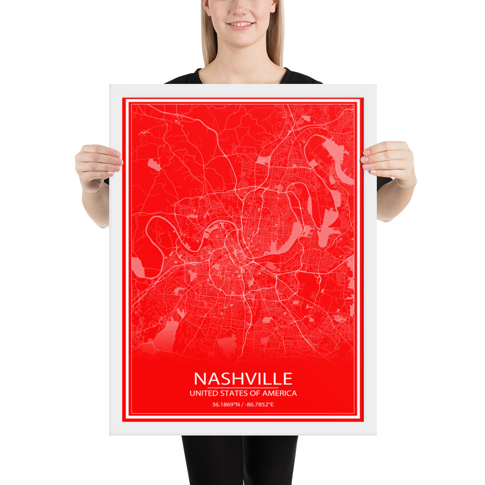 Nashville Red and White Framed Map