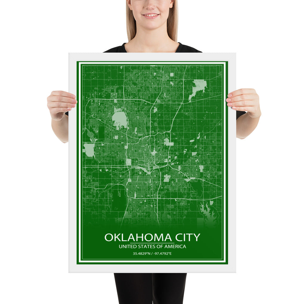 Oklahoma City Green and White Framed Map