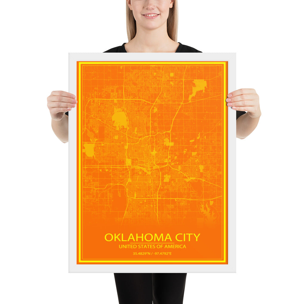 Oklahoma City Orange and Yellow Framed Map