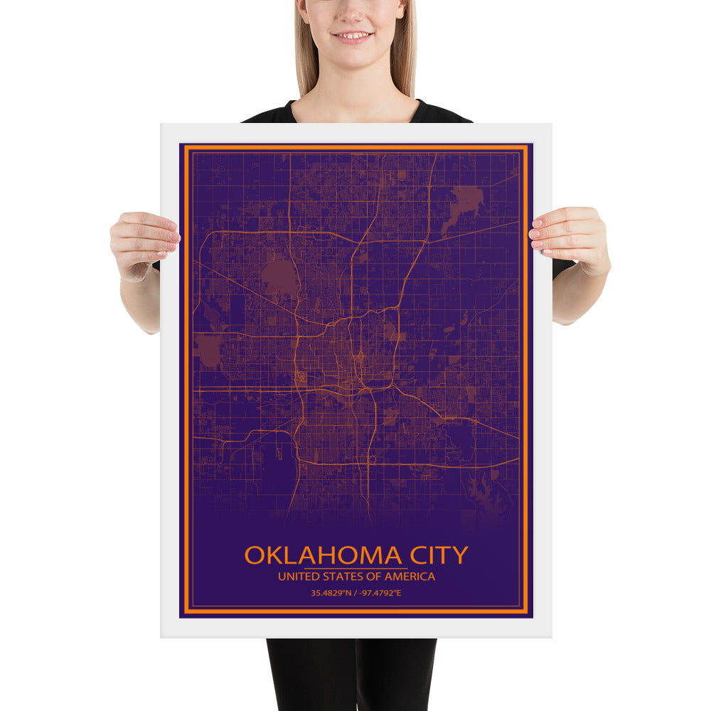 Oklahoma City Purple and Orange Framed Map