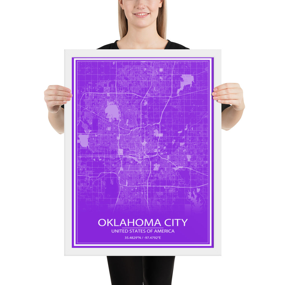 Oklahoma City Purple and White Framed Map