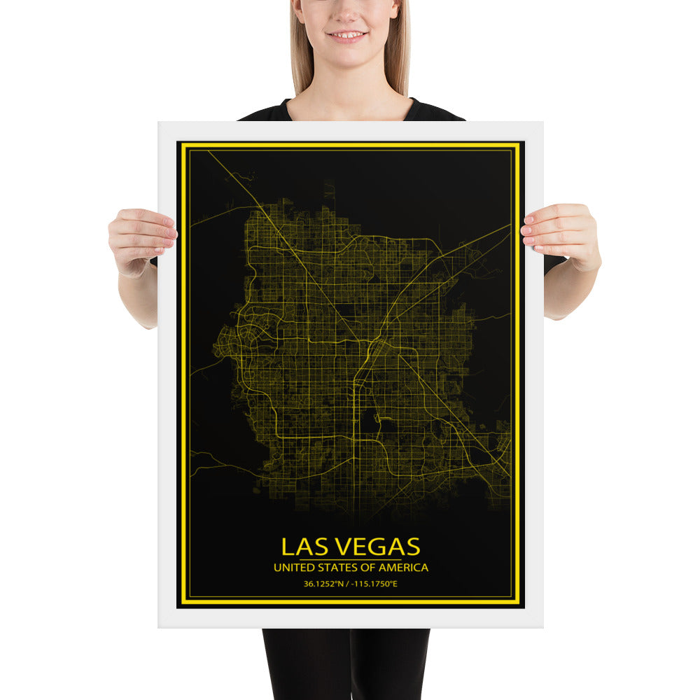 Las Vegas Black and Yellow Framed Map