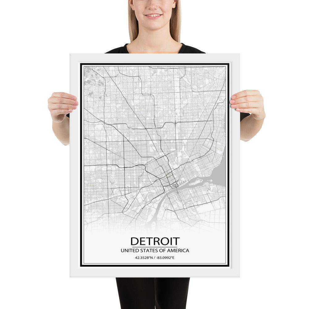 Detroit White Framed Map