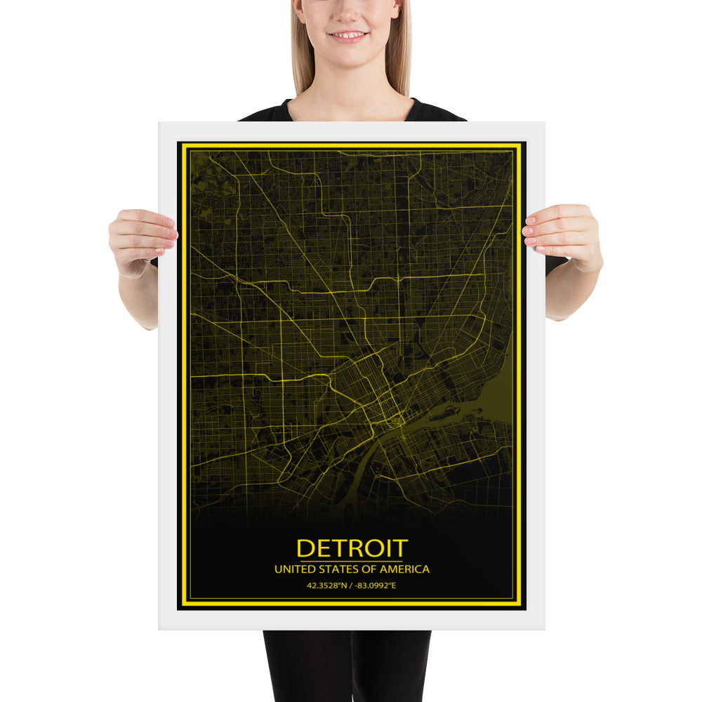 Detroit Black and Yellow Framed Map