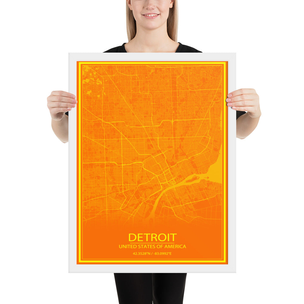 Detroit Orange and Yellow Framed Map