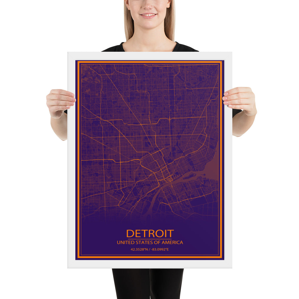 Detroit Purple and Orange Framed Map