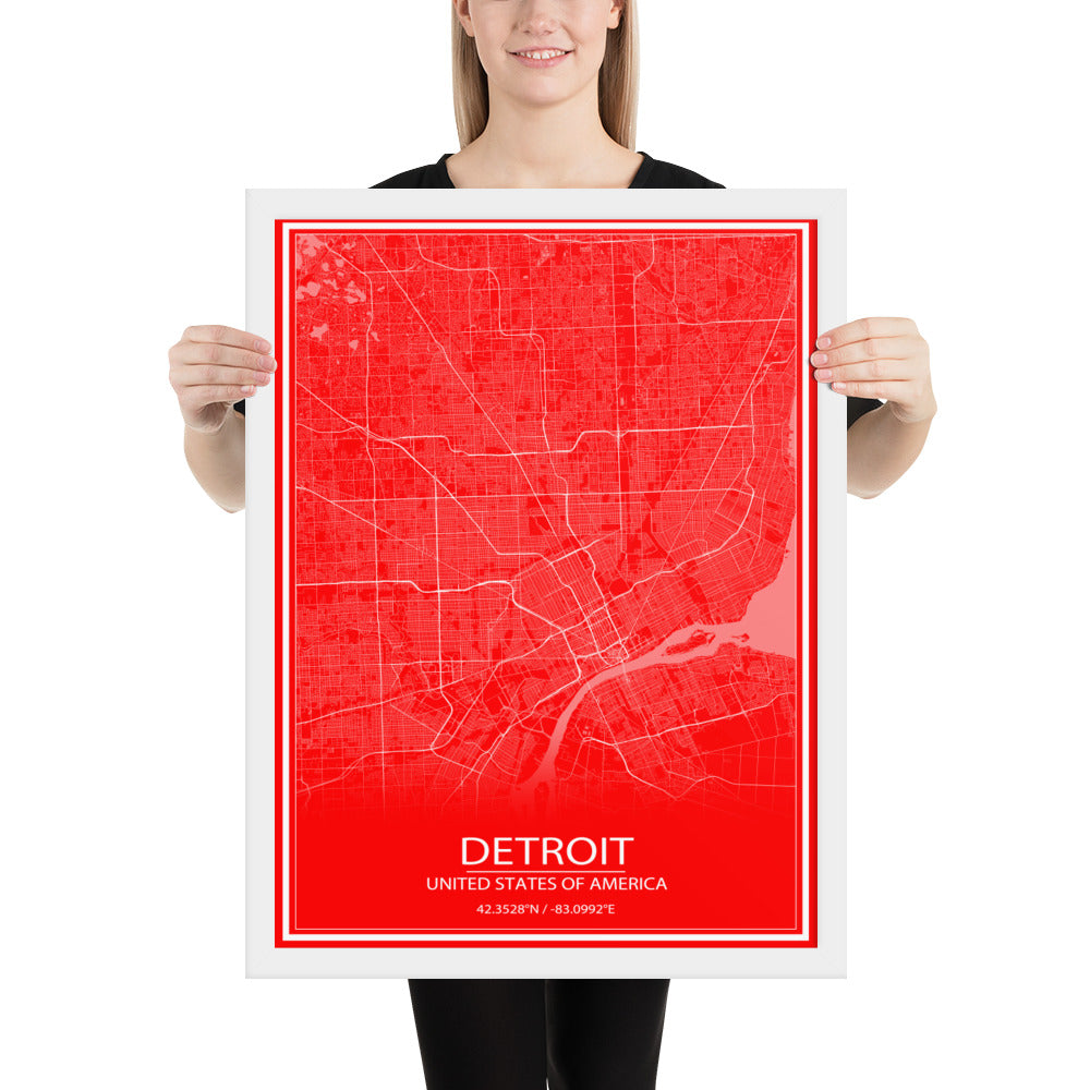 Detroit Red and White Framed Map