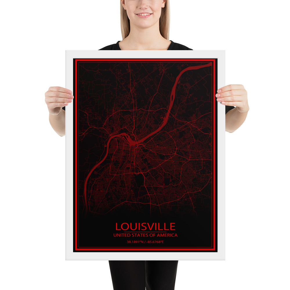 Louisville Black and Red Framed Map