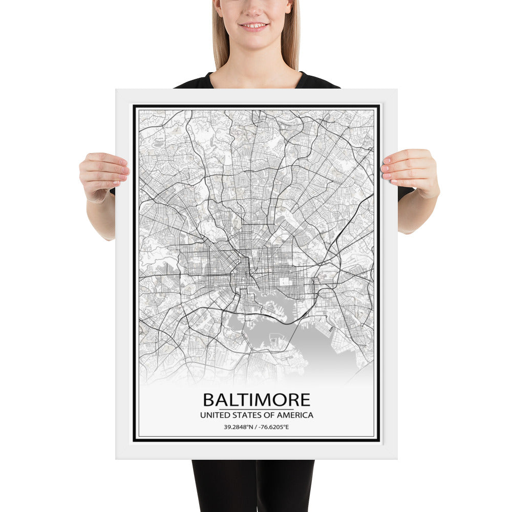 Baltimore White Framed Map