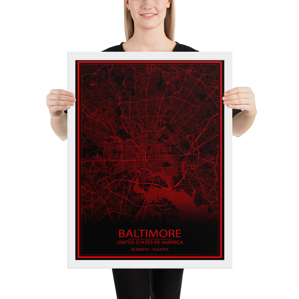 Baltimore Black and Red Framed Map