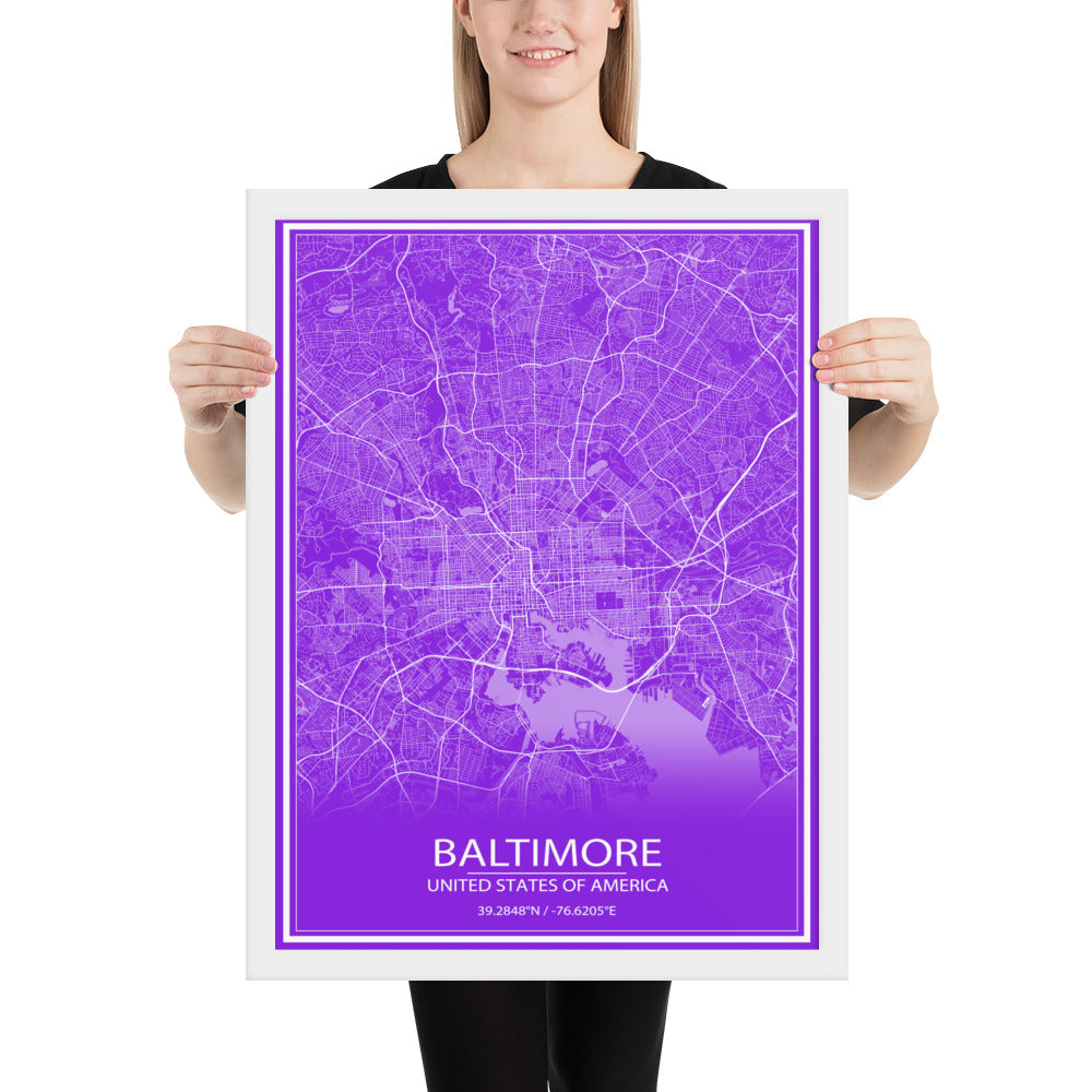 Baltimore Purple and White Framed Map