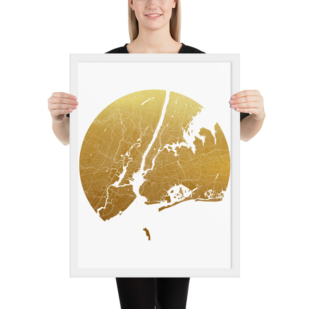 New York Gold on White Framed Map