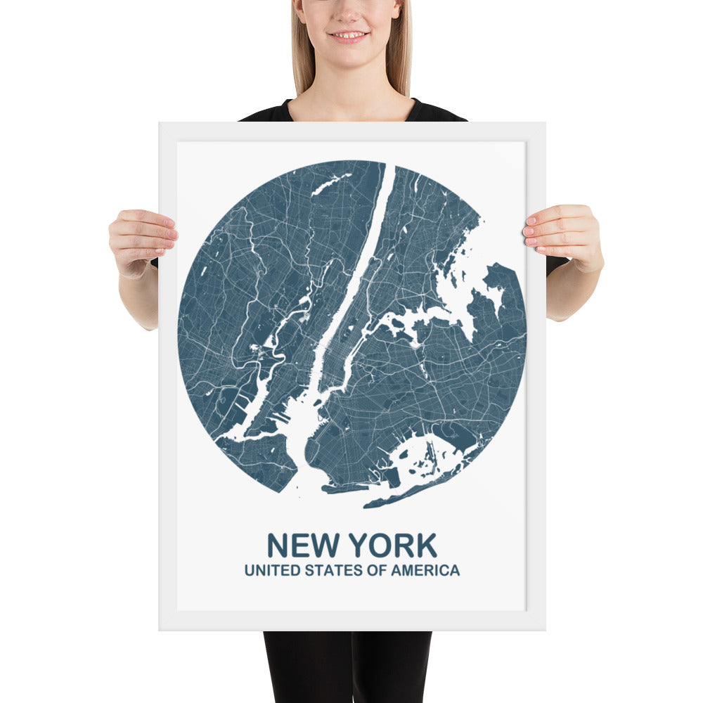 New York Circular Blue Framed Map