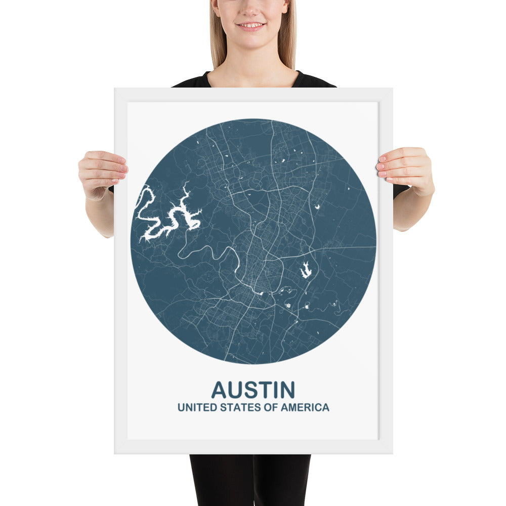 Austin Circular Blue Framed Map