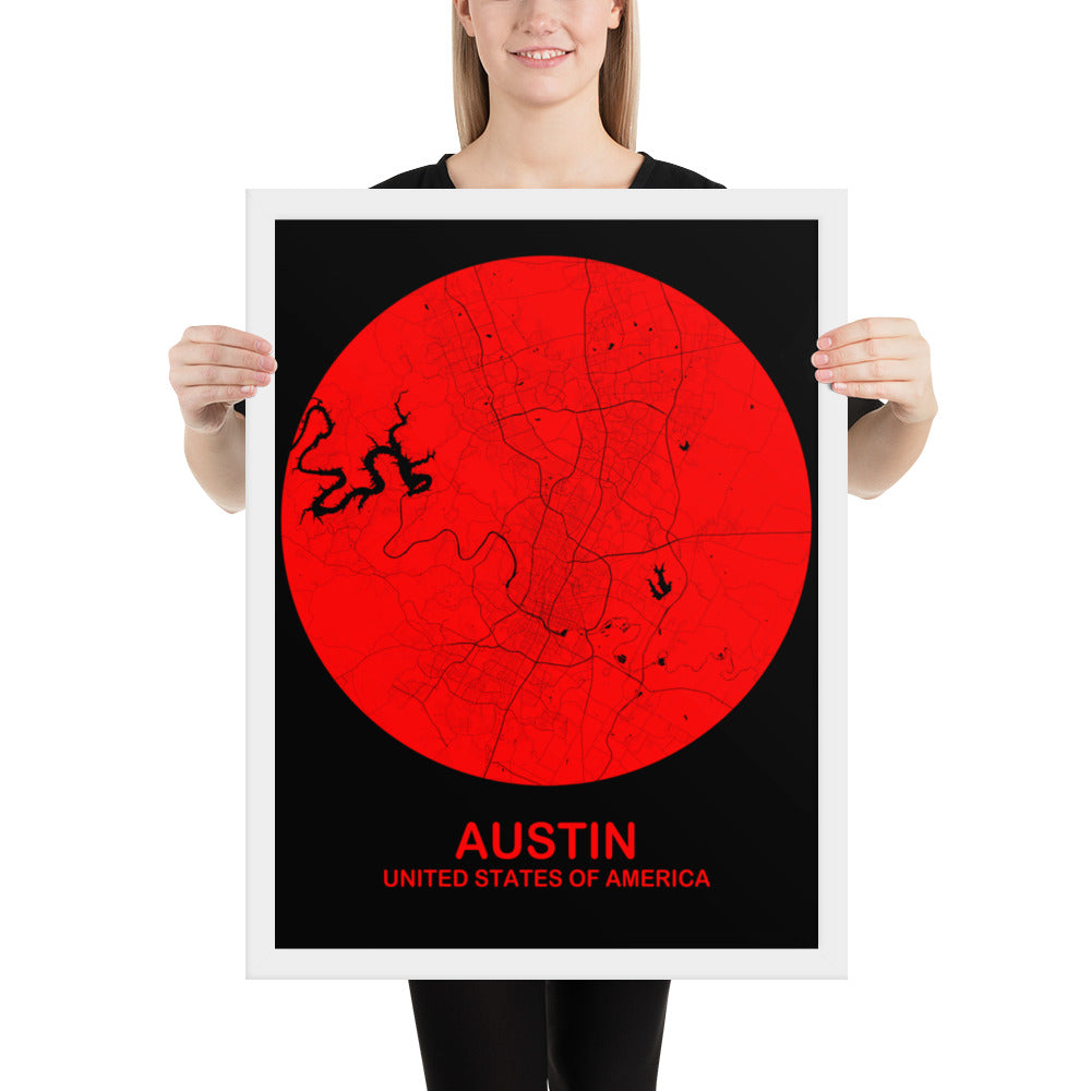 Austin Circular Red Framed Map