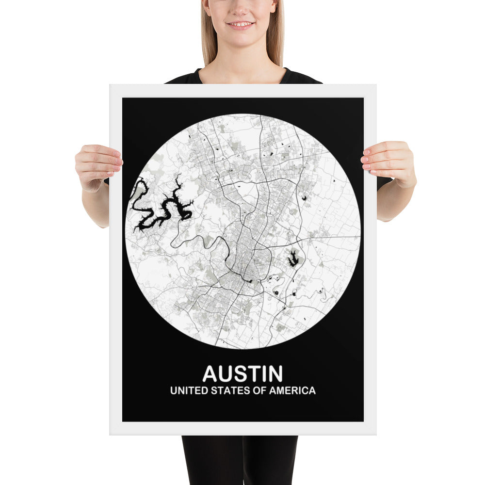 Austin Circular White Framed Map