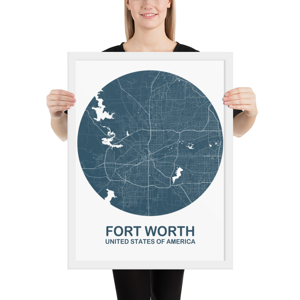 Fort Worth Circular Blue Framed Map