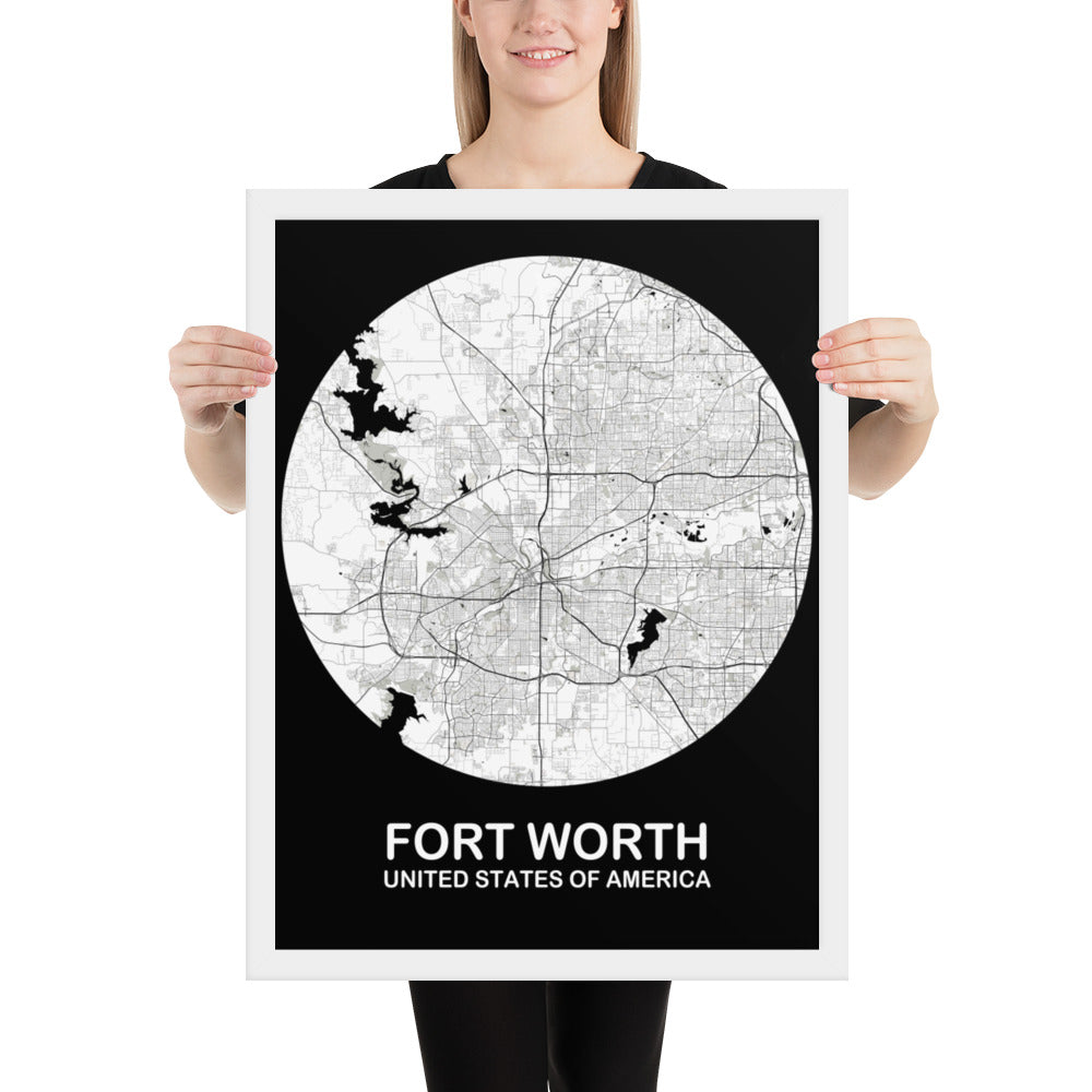 Fort Worth Circular White Framed Map