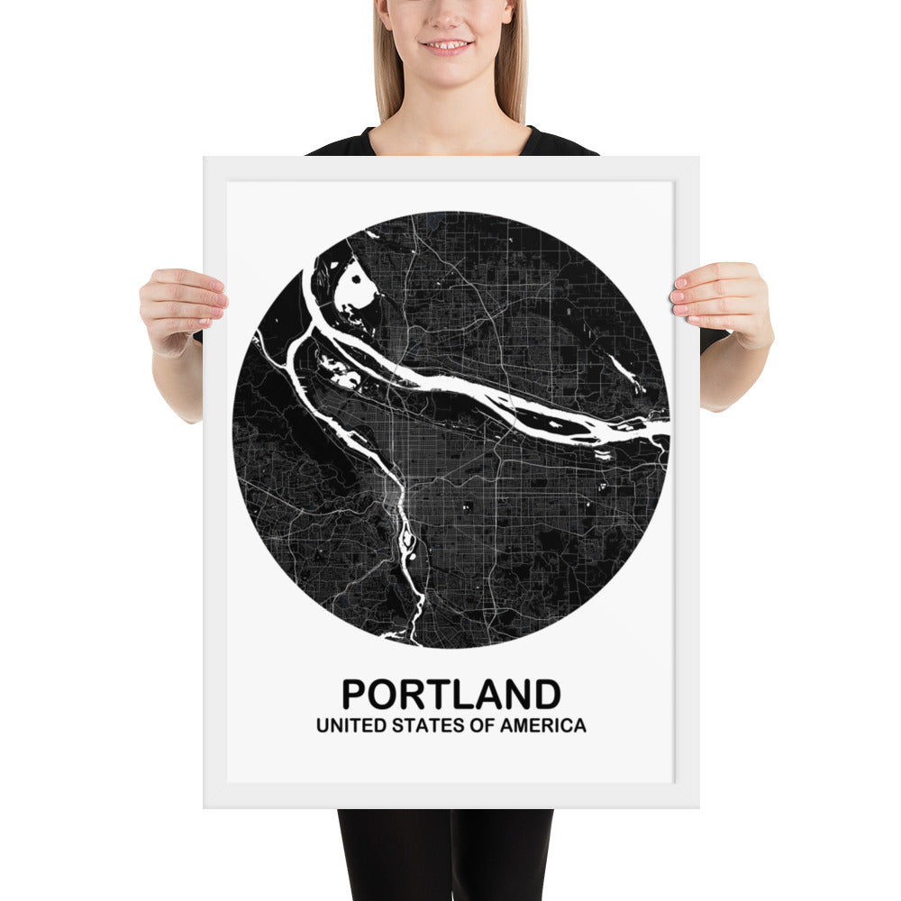 Portland Circular Black Framed Map