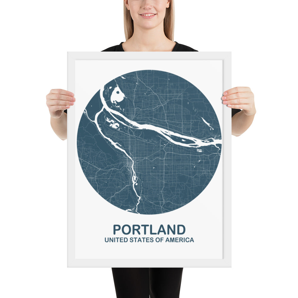 Portland Circular Blue Framed Map