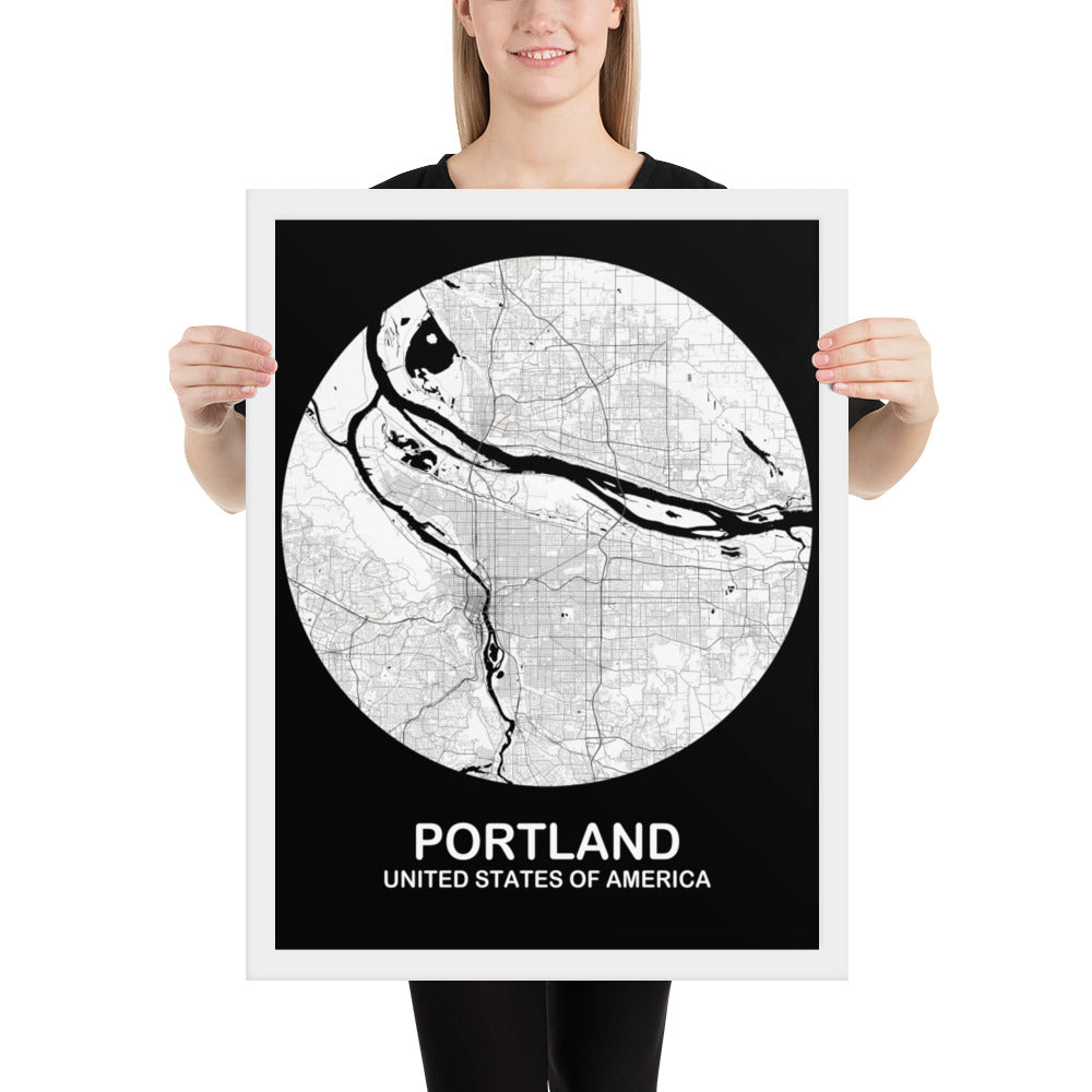 Portland Circular White Framed Map