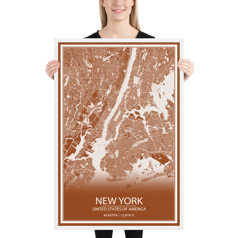 New York Brown and White Framed Map