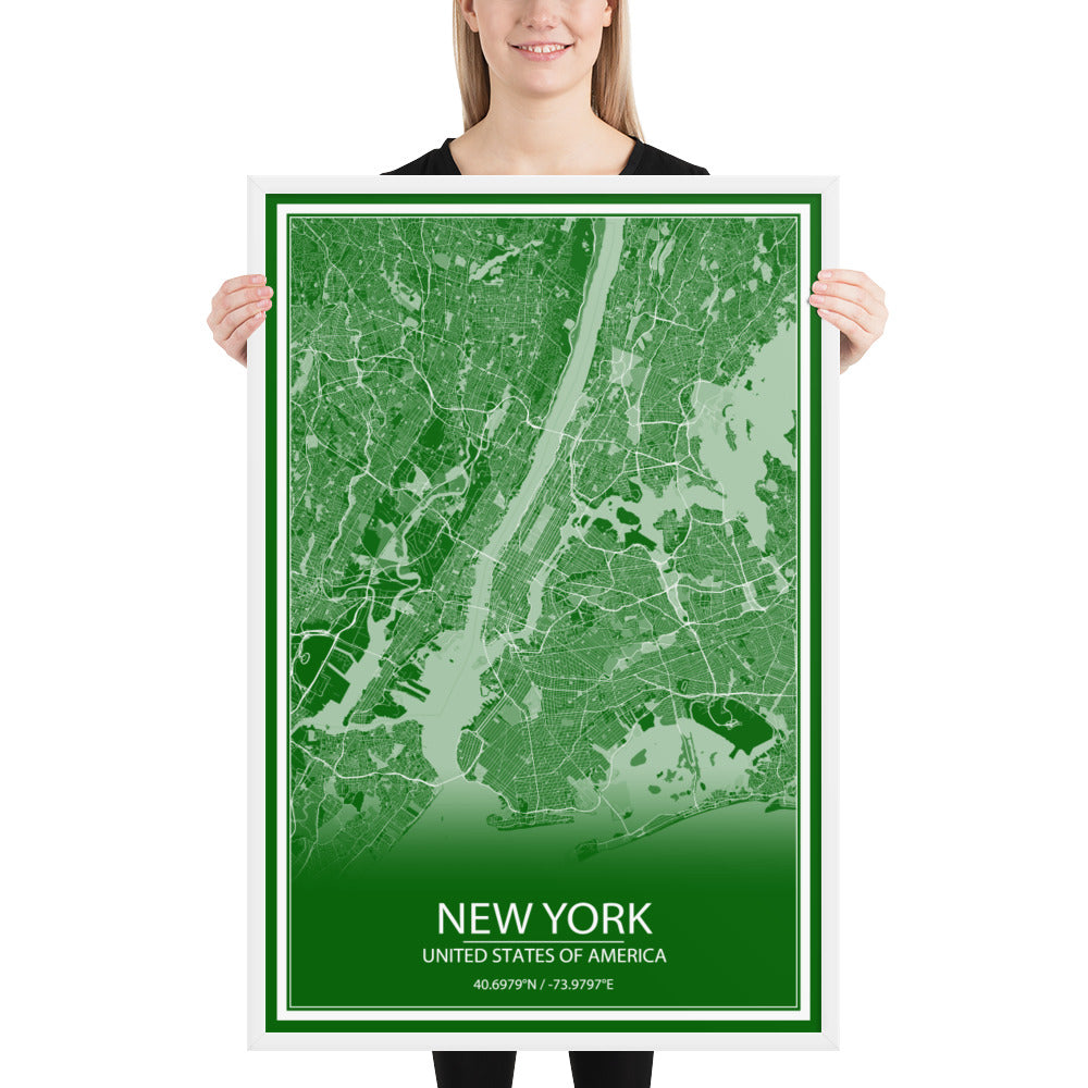 New York Green and White Framed Map