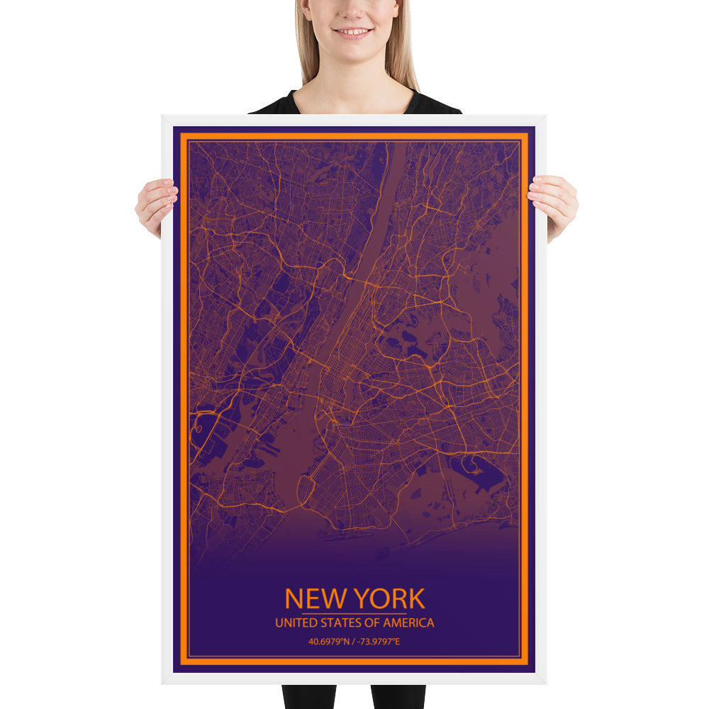 New York Purple and Orange Framed Map