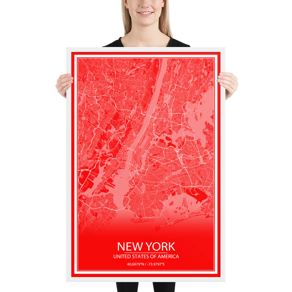 New York Red and White Framed Map