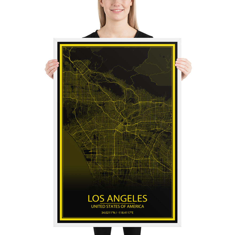 Los Angeles Black and Yellow Framed Map