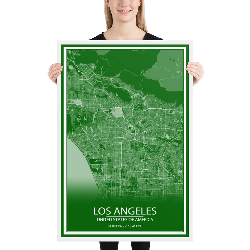 Los Angeles Green and White Framed Map